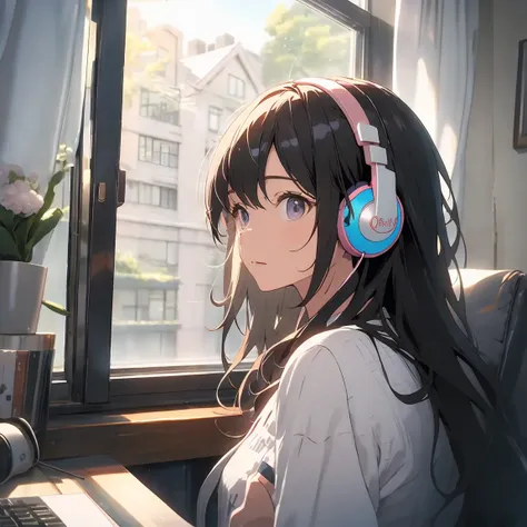 Optimal，masterpiece，High resolution，Highest quality，A warm room。A beautiful woman looking out the window。Wearing one headphone。It&#39;s night outside。Clothes are hoodies。profile