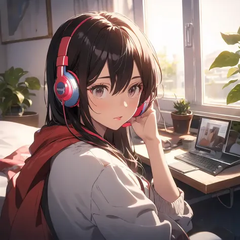 optimal，masterpiece，high resolution，highest quality，a warm room。a beautiful woman looking out the window。wearing one headphone。i...