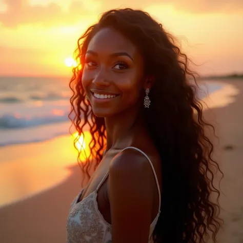 a young black woman with long hair and dark skin, completely naked, looking out to the horizon, backlit at sunset on a beach, beautiful detailed eyes, beautiful detailed lips, extremely detailed face, long eyelashes, looking directly at the viewer, smiling...