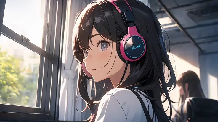 optimal，masterpiece，high resolution，highest quality，a warm room。a beautiful woman looking out the window。wearing one headphone。i...