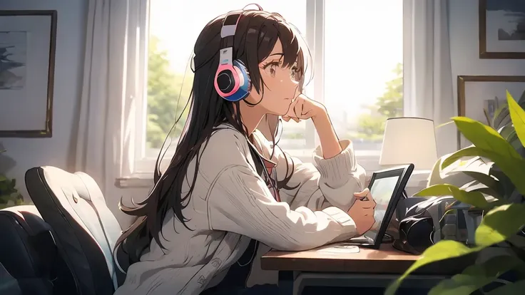 optimal，masterpiece，high resolution，highest quality，a warm room。a beautiful woman looking out the window。wearing one headphone。i...