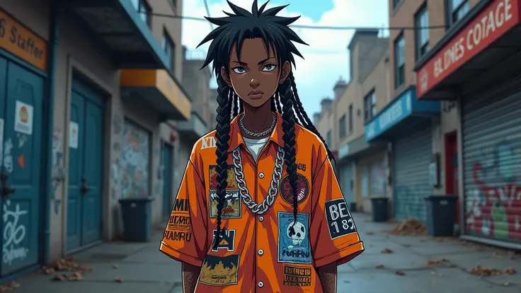 black anime character in braids with baggy loose shirt with the gang signs 