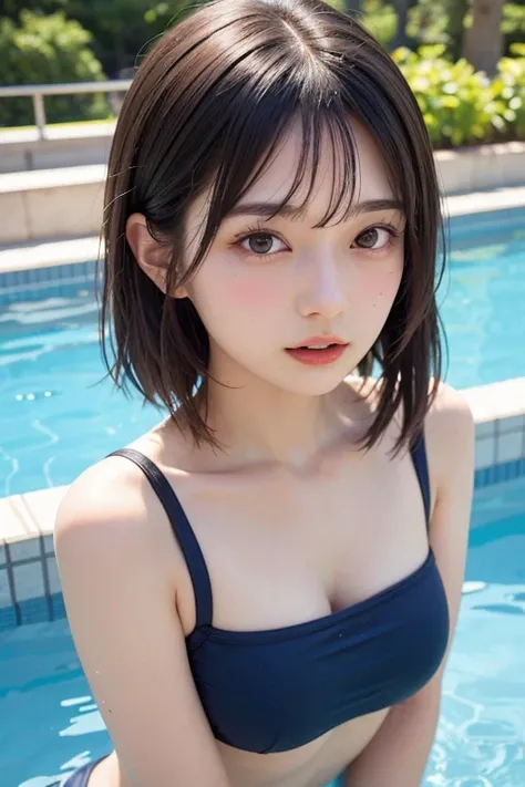 ((Upper body nude)）((Upper body nude)）One Girl, (A beauty girl, delicate :1.3), (:1.3), break, (Navy School Swimsuit:1.3), break, Very detailedな明瞭さ, (Symmetrical eyes:1.3), break, (School swimming pool, Outdoor:1.3), break, Small breasts、 Brown eyes, Twin ...