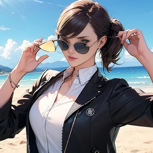 , A girl ,  ((((only one Sunglasses)))) , Putting on sunglasses
