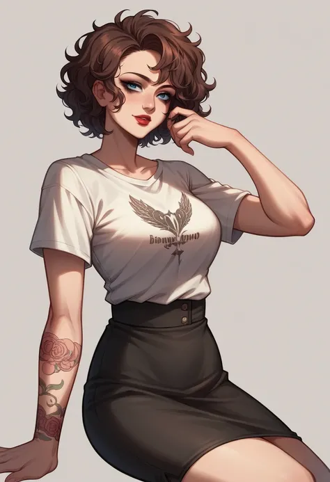 Anime style, 1women, seductive expression, bright red lips, sexy tattoo on hand, neck , brunette, black and pink multi colored hair, short hair , wavy hair, messy hair, curly hair, beautiful detailed dark eye makeup, beautiful detailed blue eye, white t-sh...