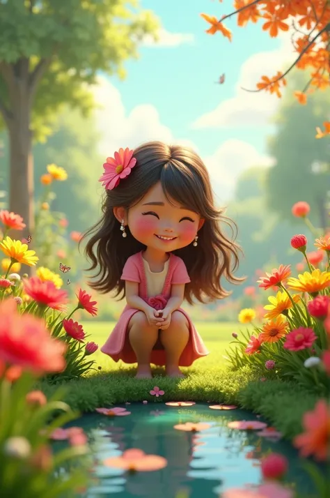 In cinematic cartoon 3d style"Create an image that captures a serene garden setting with vibrant flowers and greenery"