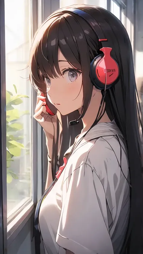 optimal，masterpiece，high resolution，highest quality，a warm room。a beautiful woman looking out the window。wearing one headphone。i...