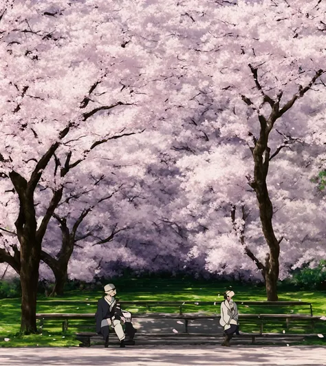 Serene park with cherry blossom trees in full bloom, petals gently falling, anime-style. A thoughtful anime character sits on a bench, looking slightly anxious, high quality, 8k