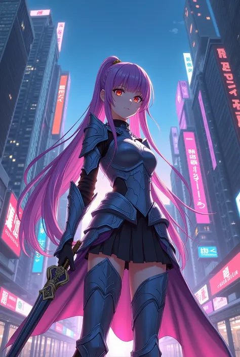 Anime girl, knight, in city