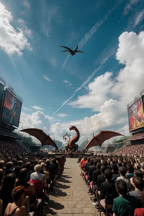 there is a dragon that is standing on a platform in front of a crowd, but as an anthropomorphic dragon, gelbooru anime image, as an anthropomorphic dragon, spike pit, slifer the sky dragon, pteranadon styling, dra the dragon, safebooru anime image, a badda...