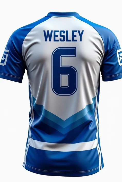 Make a blue and white football jersey with a wolf on the front and the number 6 and the name Wesley written on the back with a white background on the back of the shirt only. 