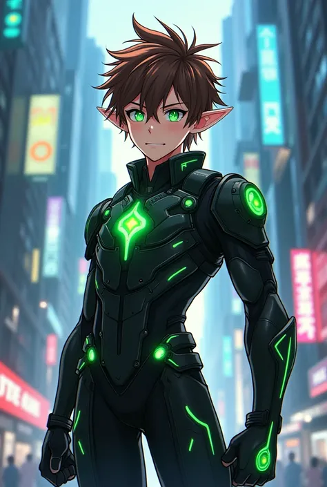 male character, brown spiky hair, greeneyes. little elf ear, black tech outfit with green details.Hes a little muscular, not too much.. Anime character