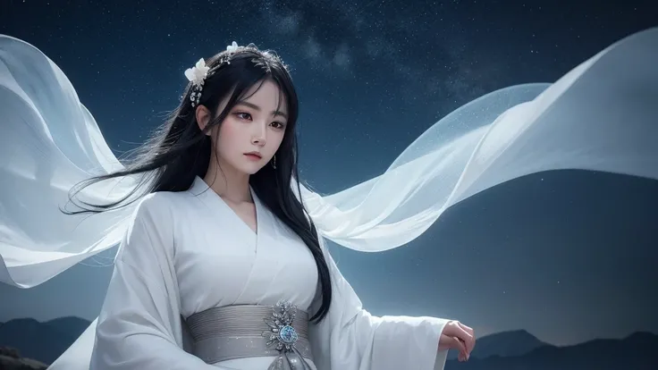 A delicate and lovely ancient goddess with lustrous black hair. She wears a white kimono wear  and a simple silver hair mixture. The background is a fantastic and ethereal night sky, as if possessed by a specter. Her expression is stern and atmospheric.