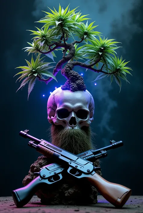  cannabis bonsai-beard Skull-Purple and Little blue Lights- Guns 