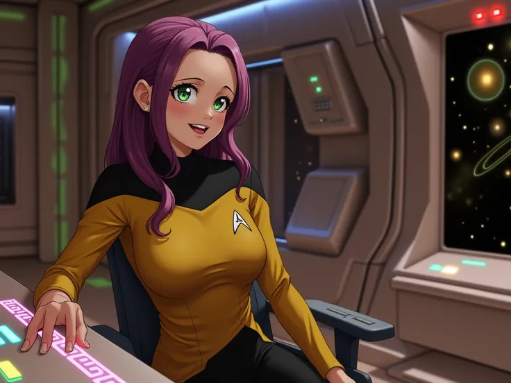 anime girl in starfleet uniform at console