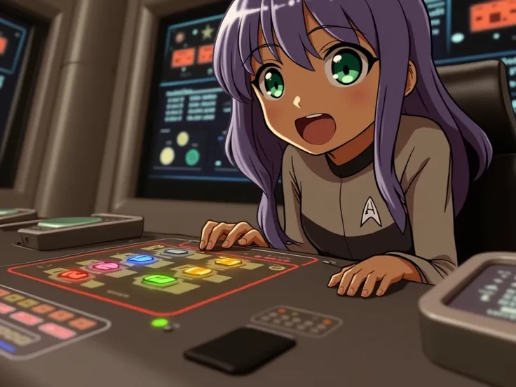 anime girl in starfleet uniform at console