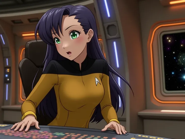 anime girl in starfleet uniform at console