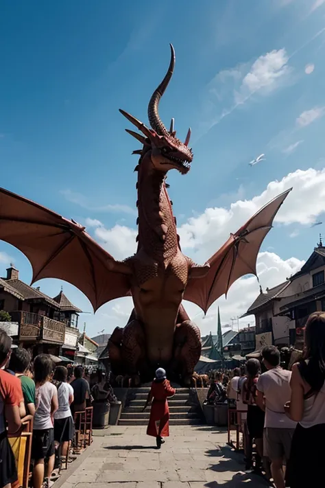 there is a dragon that is standing on a platform in front of a crowd, a cartoon by Alexander Fedosav, tumblr, hurufiyya, but as an anthropomorphic dragon, gelbooru anime image, as an anthropomorphic dragon, spike pit, slifer the sky dragon, pteranadon styl...