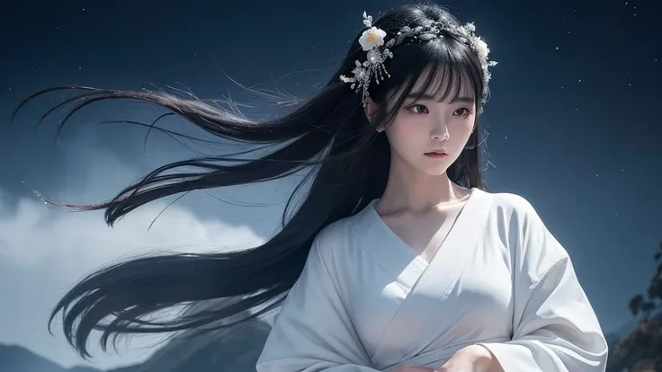 A delicate and lovely ancient goddess with lustrous black hair. She wears a white kimono wear  and a simple silver hair mixture. The background is a fantastic and ethereal night sky, as if possessed by a specter. Her expression is stern and atmospheric.