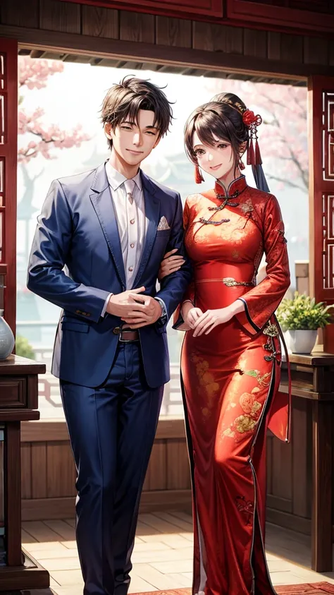 A happy couple is wearing Chinese clothes.