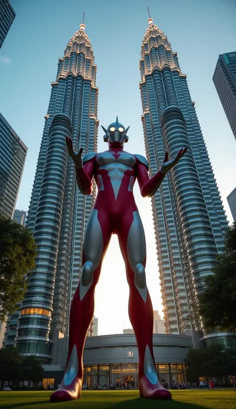 ultraman waybig,hugging klcc twin tower,extremely detailed, highly detailed, hyper realistic, cinematic lighting, photorealistic, 8k, award winning, digital art, highly detailed creature, highly detailed environment, volumetric lighting, intricate details,...