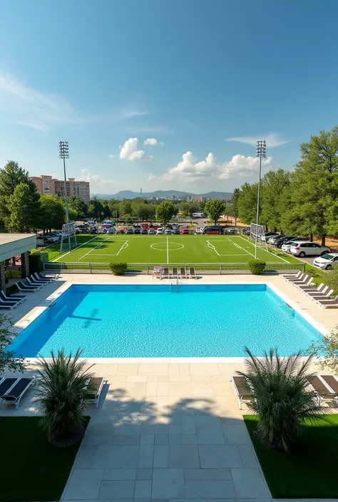 Create an image of a training center with a pool, soccer pitch, volleyball court
parking
