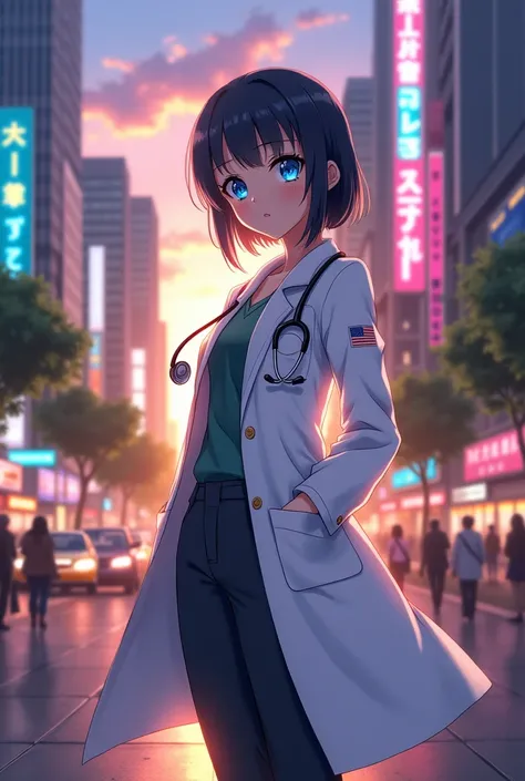 Anime girl, doctor, in city