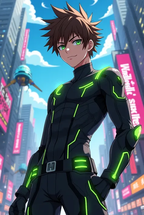 male character, brown hair and spiky upwards, greeneyes. little elf ear, black tech outfit with green details.he is a little muscular. Anime character