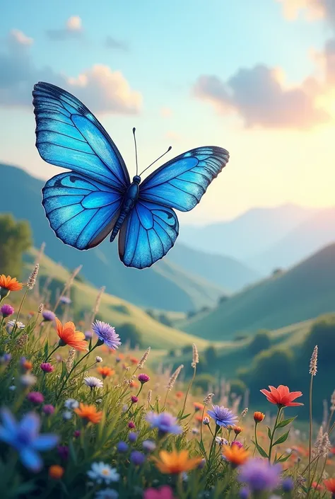 Give me a 3D image of a very beautiful blue watercolor butterfly that shines and shimmers flying in a beautiful, unmatched aesthetic landscape. 