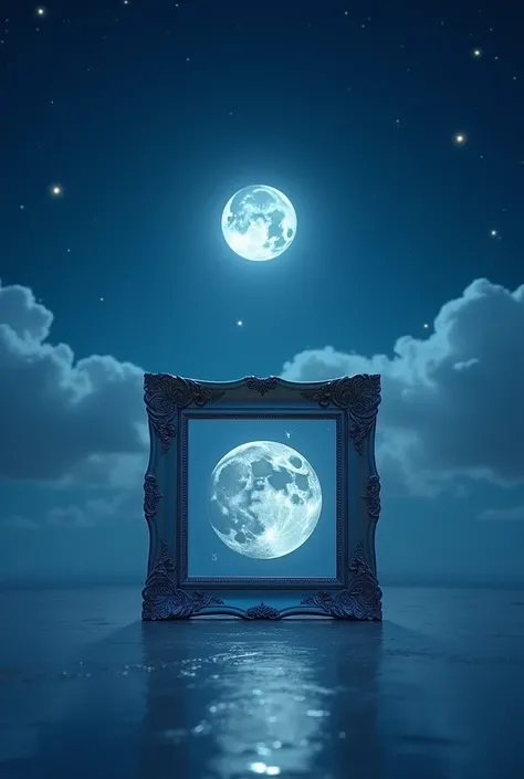 Blue night, small twinkling stars, bright half moon, a square mirror, inside the mirror a full moon