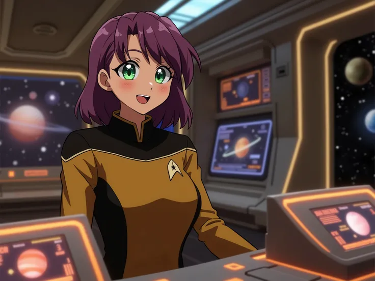 anime girl in starfleet uniform at console