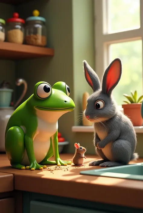 A frog and a rabbit talking to a mouse in a kitchen 