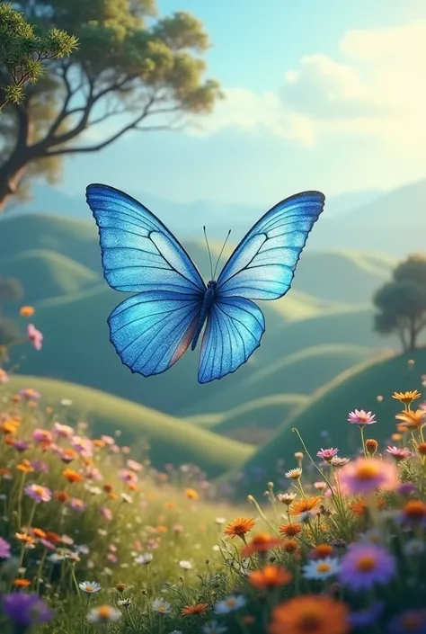 Give me an aesthetic image of a very beautiful sky blue watercolor butterfly that is shiny and sparkling flying in a beautiful, unique aesthetic landscape, unique aesthetic, unique aesthetic 