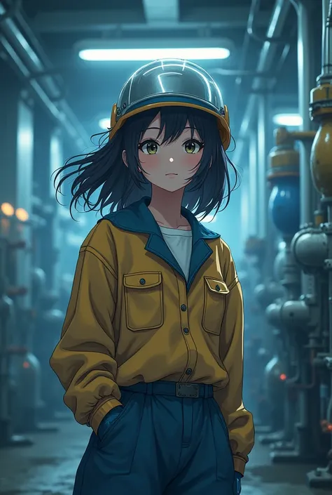 Semi-long hair　beautiful girl　22 years old　anime　Work clothes　Helmet　Sewage treatment plant　