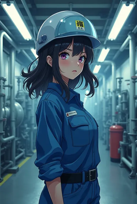 Semi-long hair　beautiful girl　22 years old　anime　Work clothes　Helmet　Sewage treatment plant　