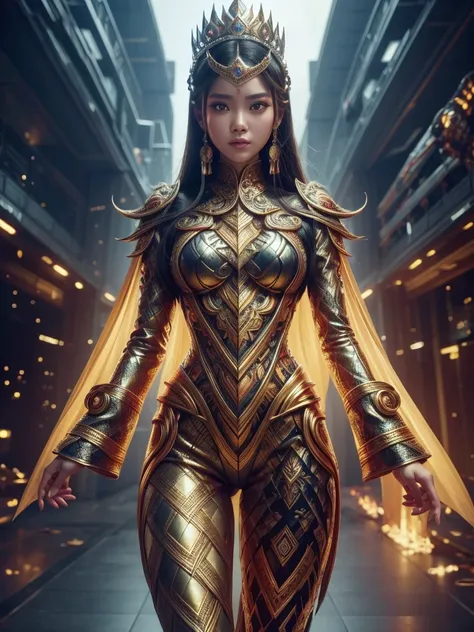 An Indonesian-styled sexy futuristic suit without pants worn by a beautiful teenage girl with crown on the head. depicting cultural fusion and modern fashion. The suit is adorned with intricate patterns and dominant by a yellow colors, showcasing the rich ...