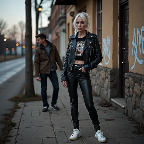 Old russian milf, platinum blonde hair in ponytail ,with very light blue eyes, pale, smeared heavy makeup. Wearing black moto jacket, cropped rock t-shirt, black leather jeans and white tennis sneakers. Sad face, crying