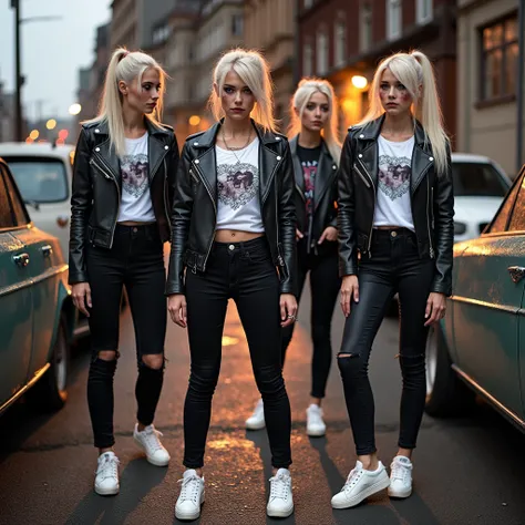 Old russian milf, platinum blonde hair in ponytail ,with very light blue eyes, pale, smeared heavy makeup. Wearing black moto jacket, cropped rock t-shirt, black leather jeans and white tennis sneakers. Sad face, crying