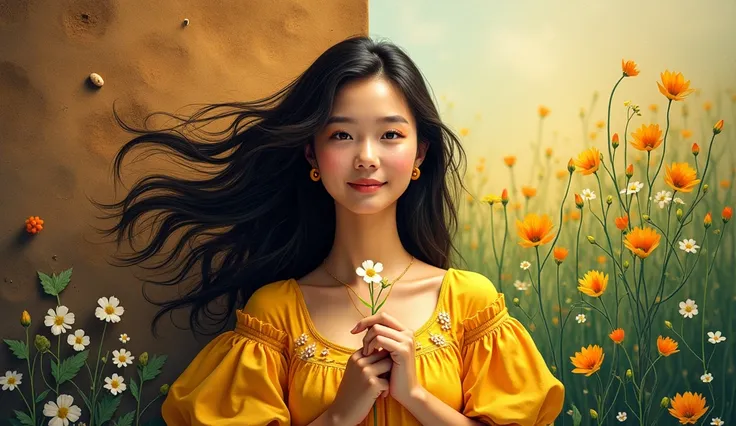 **Thumbnail Prompt:** - **Main Visual:** Maya is hot and beautiful girl she is 25 years old, the main character, is shown in the center wearing her bright yellow dress with small white flowers. She is holding a small blooming flower in her hand, with a gen...