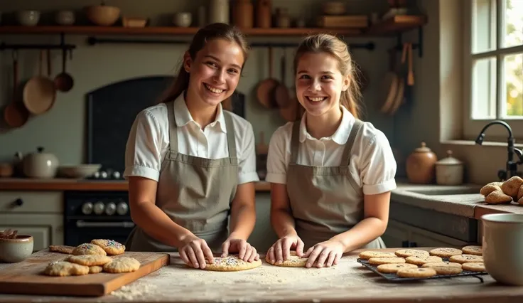 A cozy kitchen scene with two young maids baking cookies, the room filled with the aroma of freshly baked goods, flour dusted on their aprons, and a warm, inviting atmosphere."