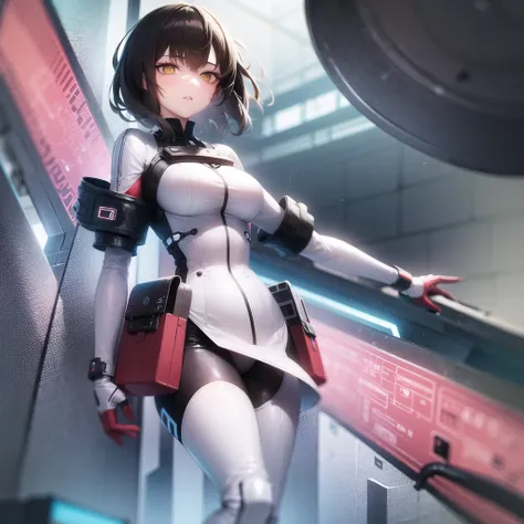 1 girl, yellow eyes, short hair, whole body, Portrait of a stylish 20 yo woman software engineer, ((wearing smart Futuristic goggles)), white Futuristic clothing with blue and red accent colors