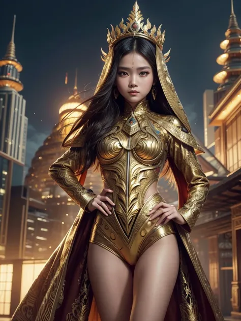 An Indonesian-styled sexy futuristic suit without pants worn by a beautiful teenage girl with crown on the head. depicting cultural fusion and modern fashion. The suit is adorned with intricate patterns and dominant by a yellow colors, showcasing the rich ...