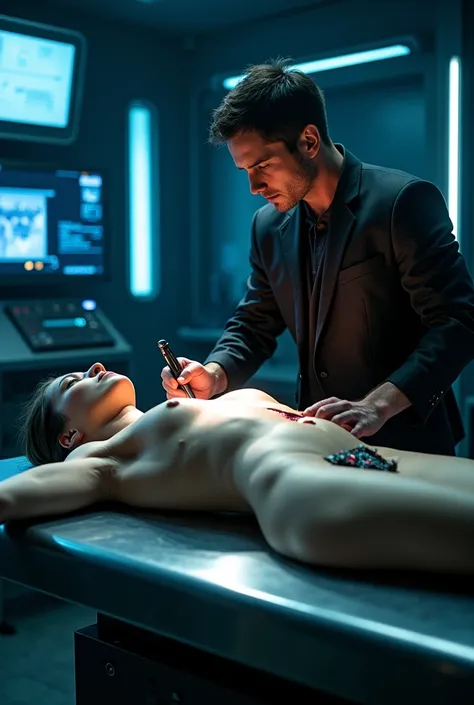 Naked Female T-888 with flesh and skin covering endoskeleton full body. It’s like human 100%. It’s shutting down and is lying on the table. Cameron Philips (another terminator) uses a knife and cuts the T-888’s skin on its chest to separate skin layer