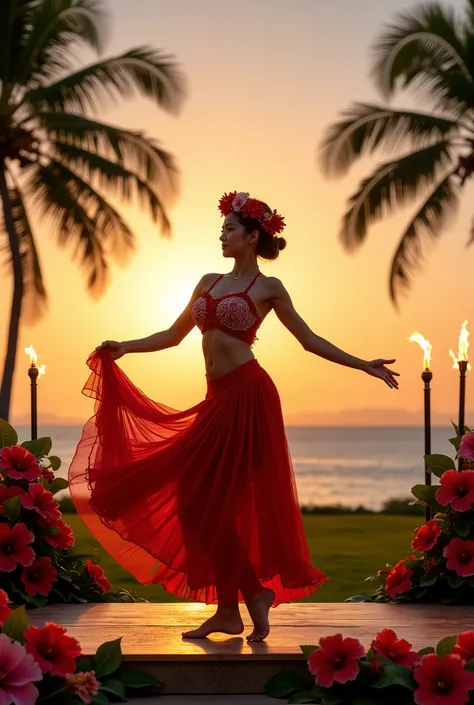 A beautiful Japanese girl dancing hula on a special outdoor stage in hula dance costume, hibiscus and plumeria decorated on the stage, torches lit at the four corners, palm trees and the ocean in the background, and the sunset.