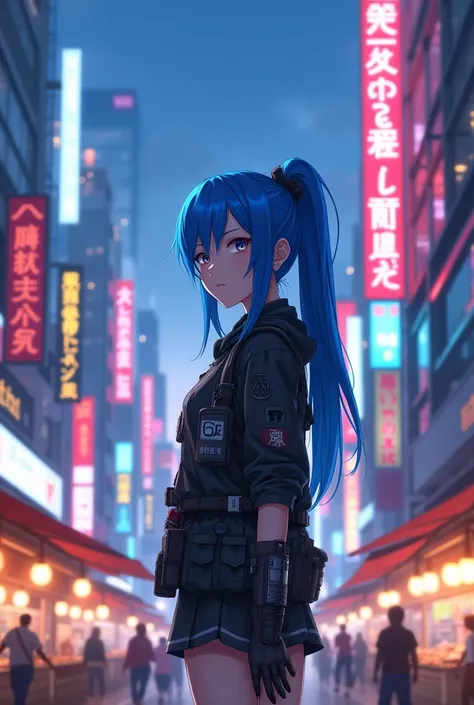 Anime girl, meister, in city, blue