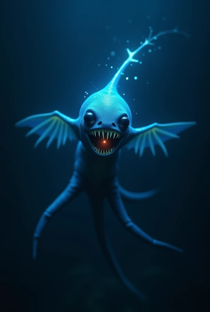 AngelT, which has super sharp teeth and a light antenna to attract prey in front of the screen or the dark navy blue background
