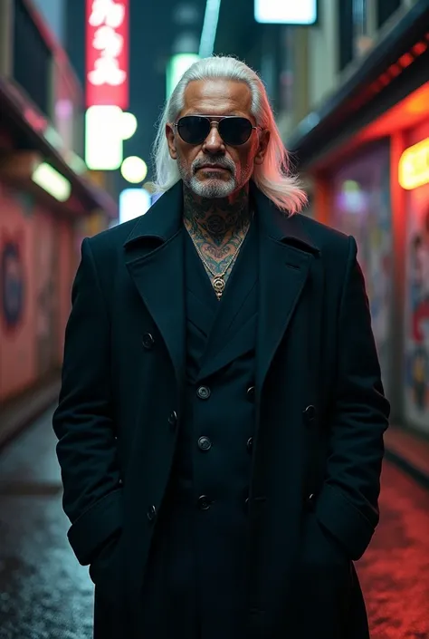 man with an overcoat with white hair courses, Yakuza tattoos, and sunglasses, with an impotent expression


