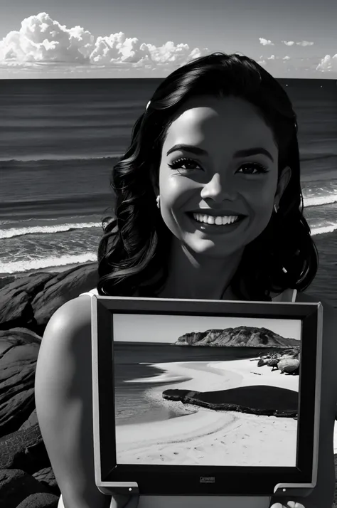 arafed woman with a black and white photo of a beach, drawn with photoshop, potrait, digital art!!, black and white filter, in the beach, by Emerson Silva, wideangle portrait, black and white picture, at a beach, edited in photoshop, grainy black and white...