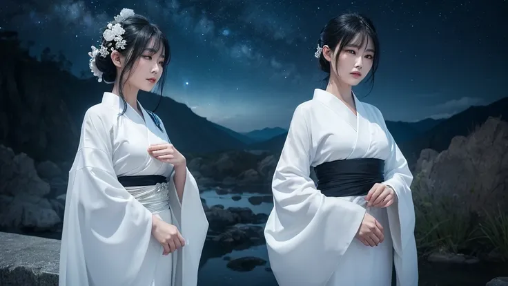 A delicate and lovely ancient goddess with lustrous black hair. She wears a white kimono wear  and a simple silver hair mixture. The background is a fantastic and ethereal night sky, as if possessed by a specter. Her expression is stern and atmospheric.