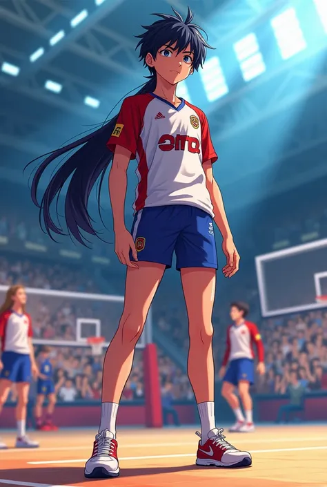 I need an anime character from the anime Kaikyū!! that is small/male with long hair, black eyes and his volleyball uniform and who is 1.90 with 18 YEARS